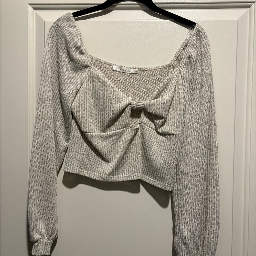 Lush Cream Ribbed Crop Blouse with Tie Front